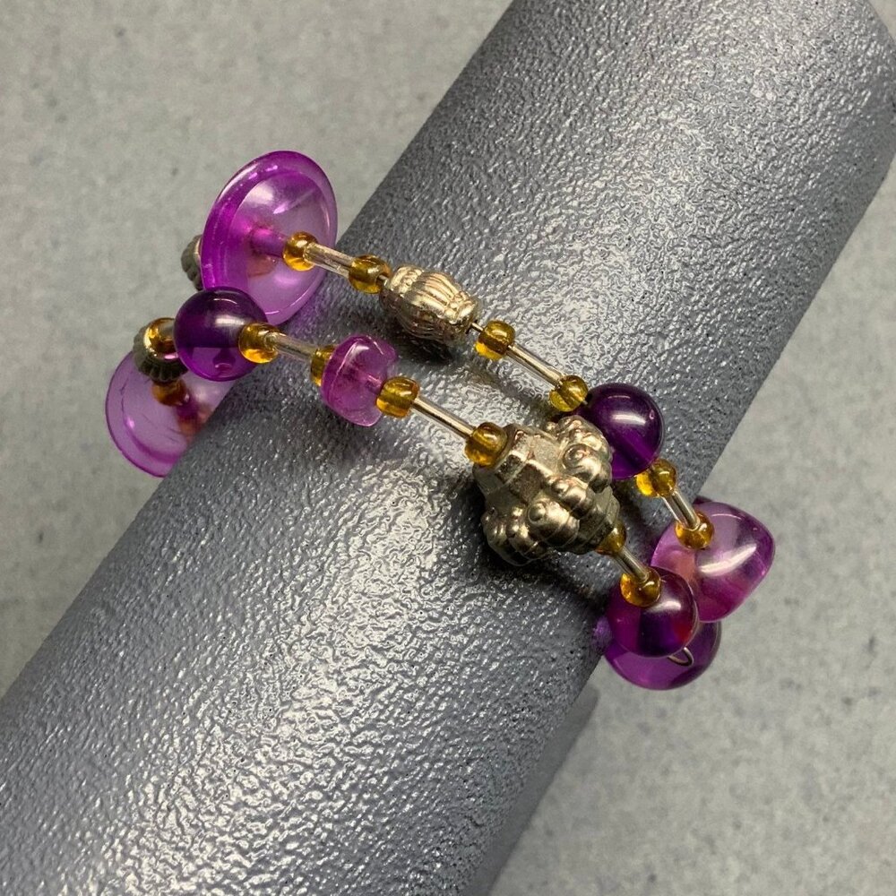 Beaded Memory Wire Bracelet 3 In Purple Amber Silver Wraparound Retro Vintage